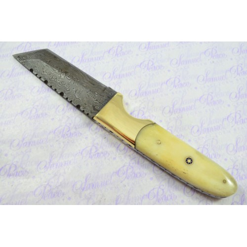Damascus Steel Tanto Hunting Bowie Knife with | Camel Bone Handle Sharped Blade